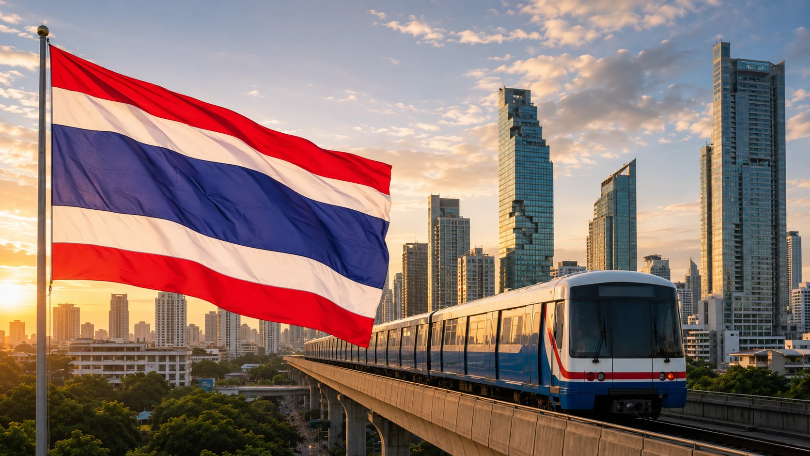 Thai flag beside a Bangkok BTS Skytrain, illustrating respect beyond the dojo