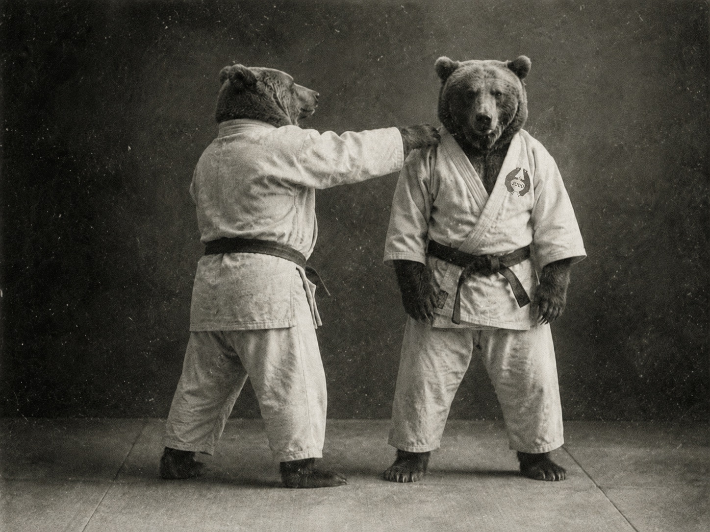 유도복을 입은 두 마리의 곰. Kuma Dojo 유도 본 교실 소개 이미지